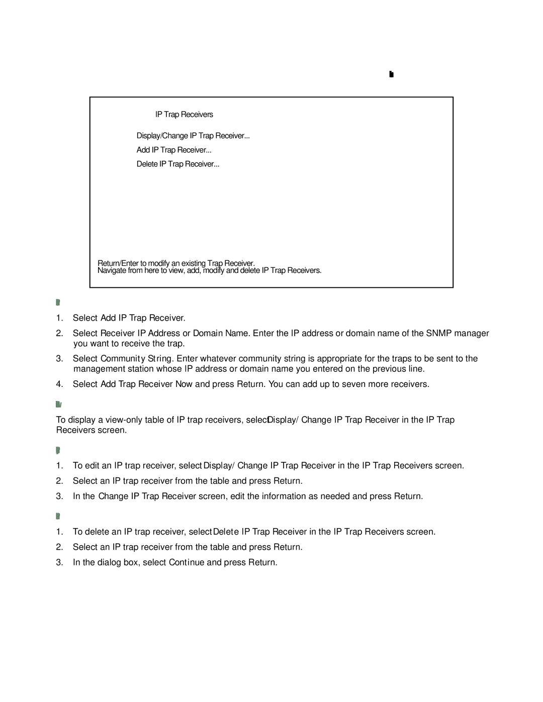 Farallon Communications R9100 manual Setting the IP trap receivers, Viewing IP trap receivers, Modifying IP trap receivers 