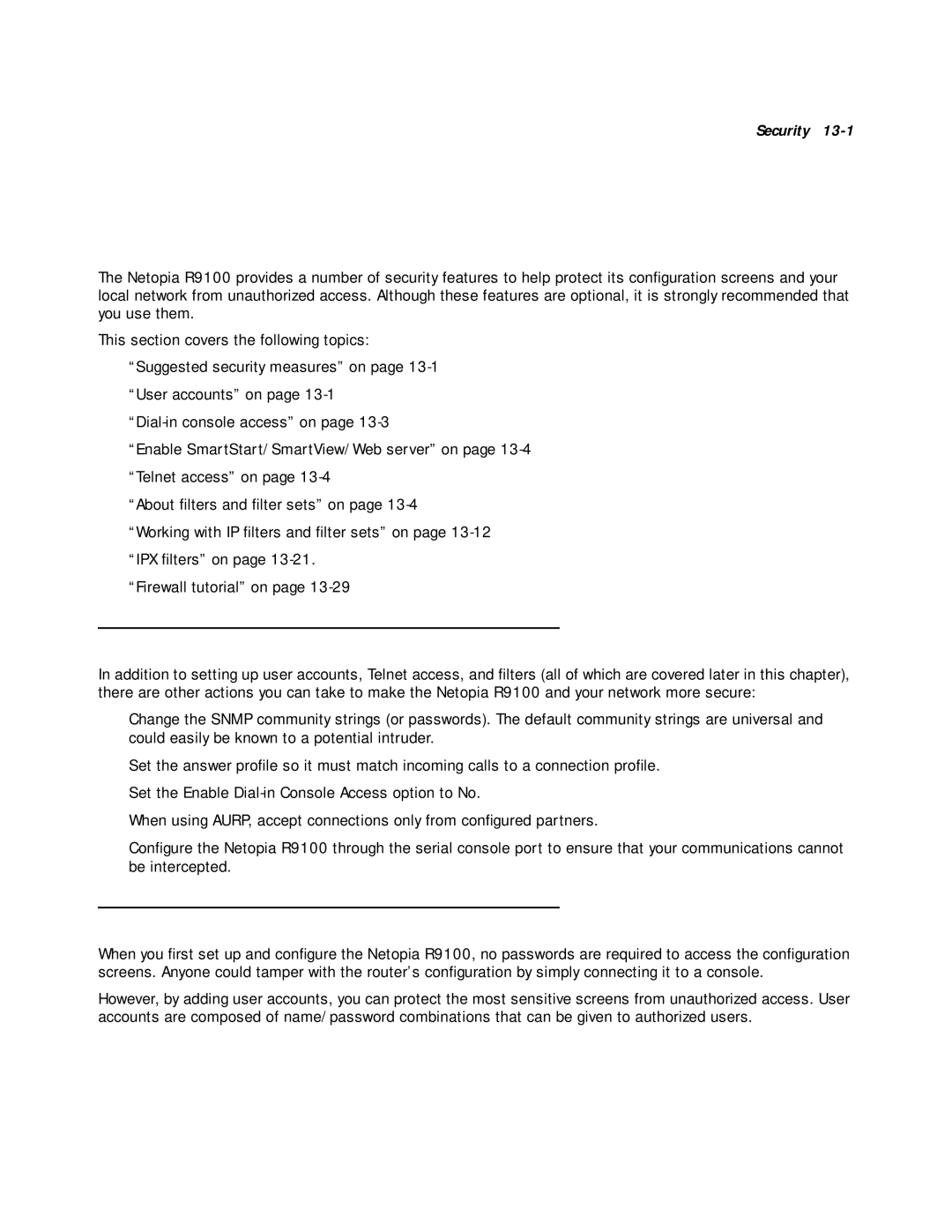 Farallon Communications R9100 manual Chapter Security, Suggested security measures, User accounts 