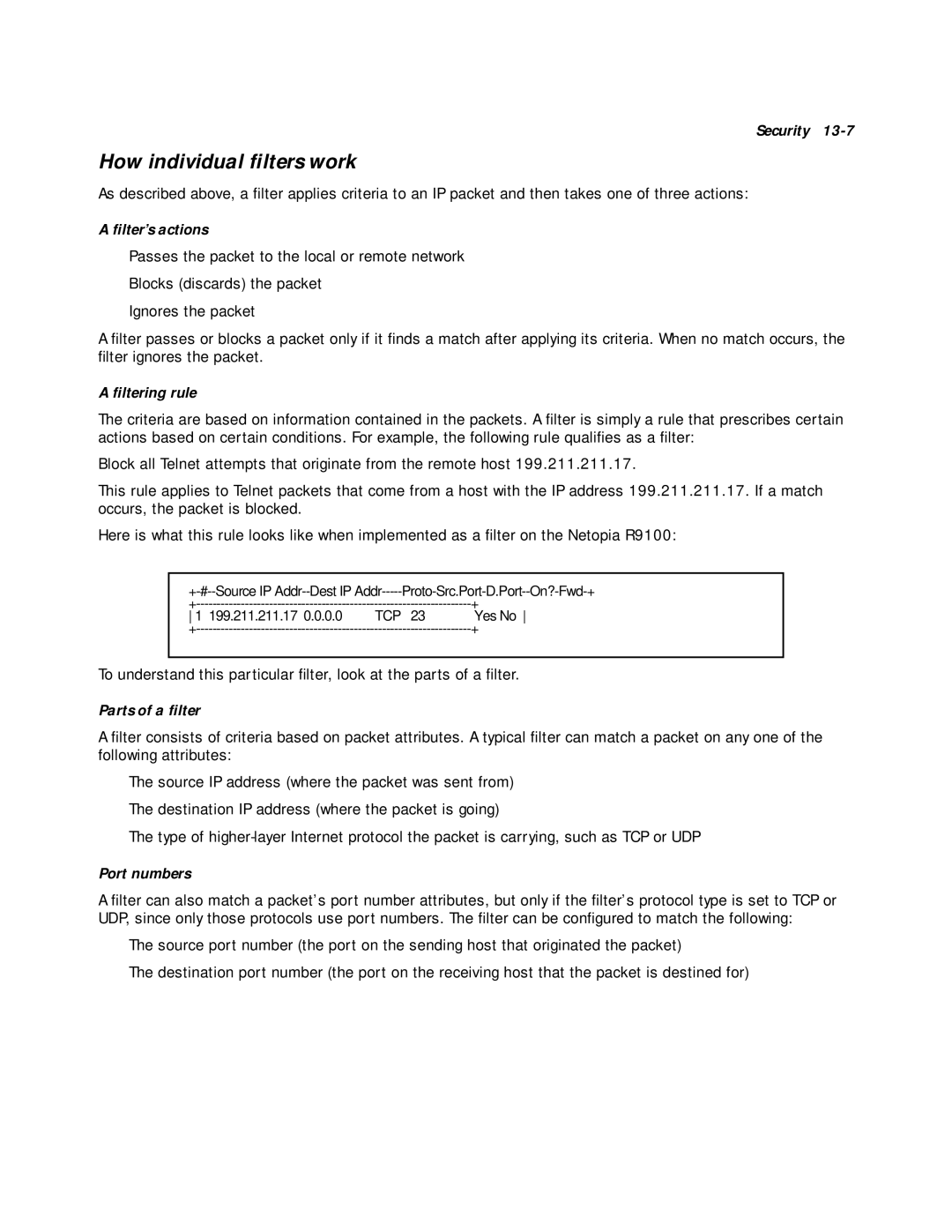 Farallon Communications R9100 How individual ﬁlters work, ﬁlter’s actions, ﬁltering rule, Parts of a ﬁlter, Port numbers 