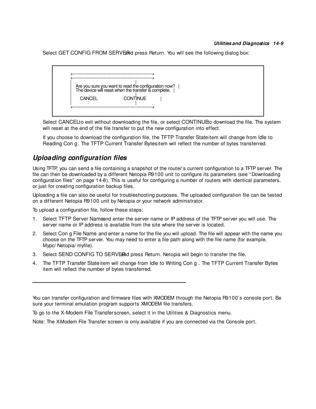 Farallon Communications R9100 manual Uploading conﬁguration ﬁles, Transferring conﬁguration and ﬁrmware ﬁles with Xmodem 