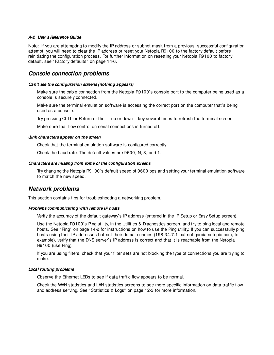 Farallon Communications R9100 manual Console connection problems, Network problems 