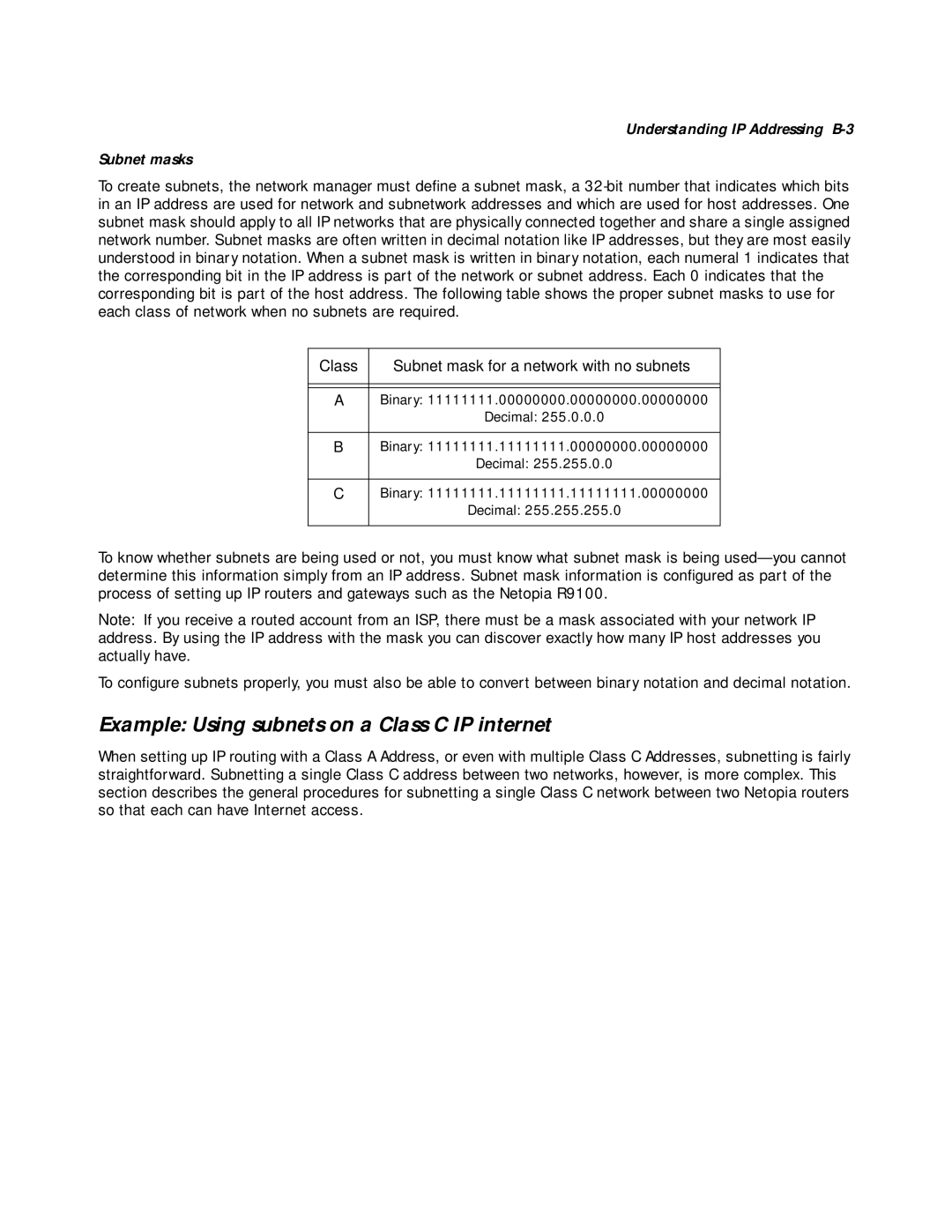 Farallon Communications R9100 manual Example Using subnets on a Class C IP internet, Subnet masks 