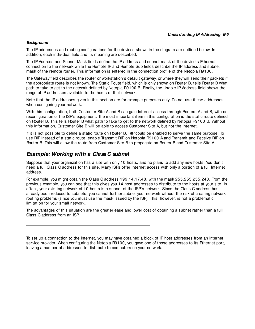 Farallon Communications R9100 manual Example Working with a Class C subnet, Distributing IP addresses, Background 