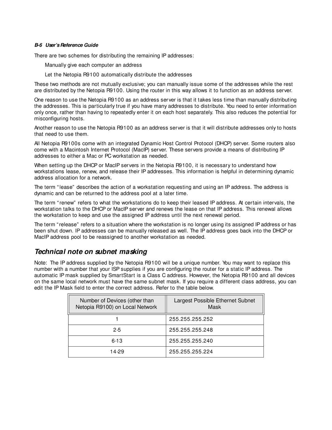 Farallon Communications R9100 manual Technical note on subnet masking 