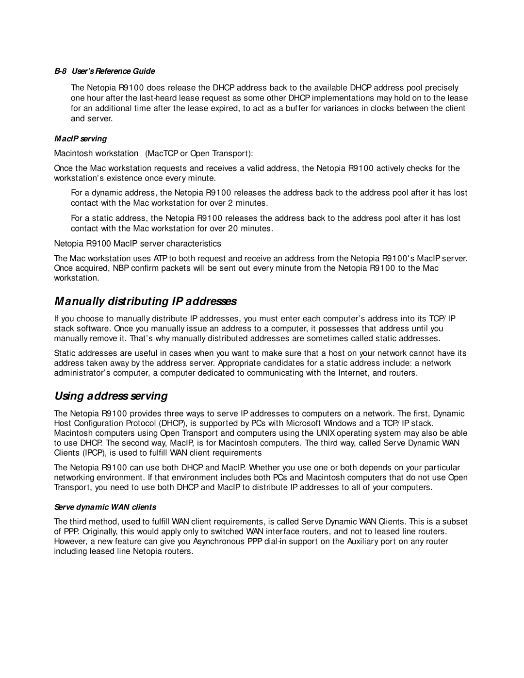 Farallon Communications R9100 manual Manually distributing IP addresses, Using address serving, MacIP serving 