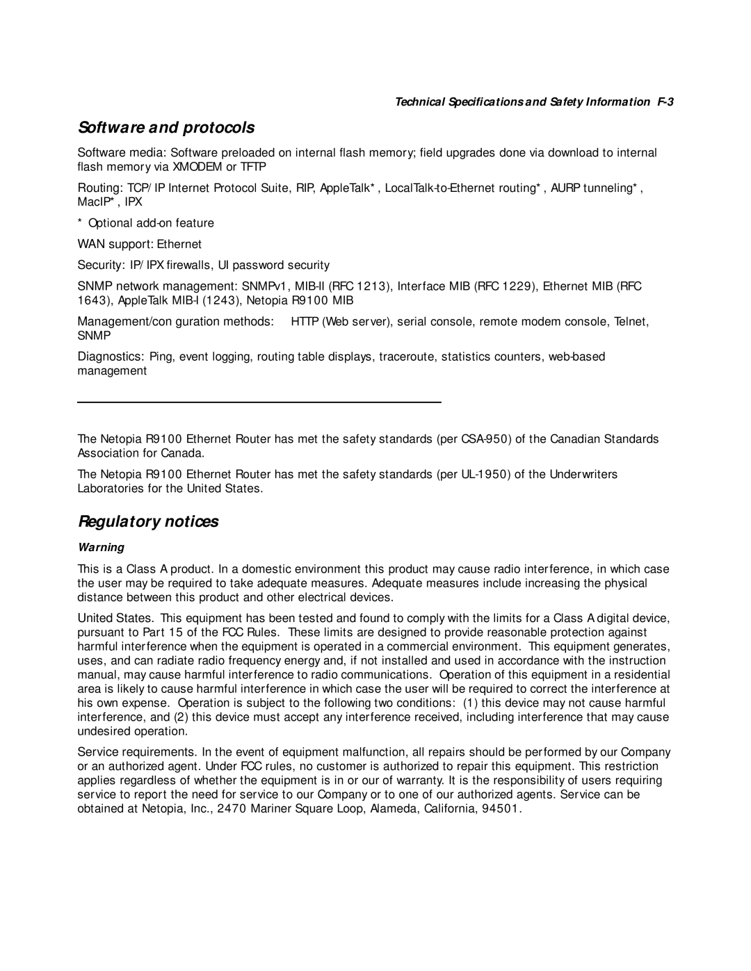 Farallon Communications R9100 manual Software and protocols, Agency approvals, Regulatory notices 