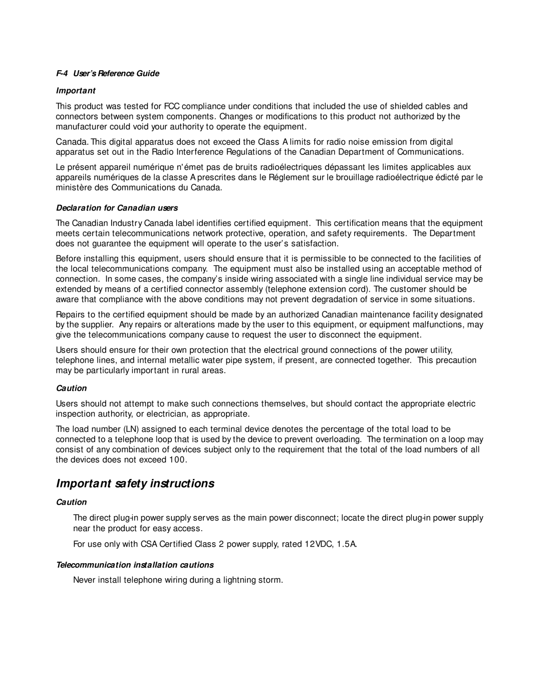 Farallon Communications R9100 manual Important safety instructions, Declaration for Canadian users 