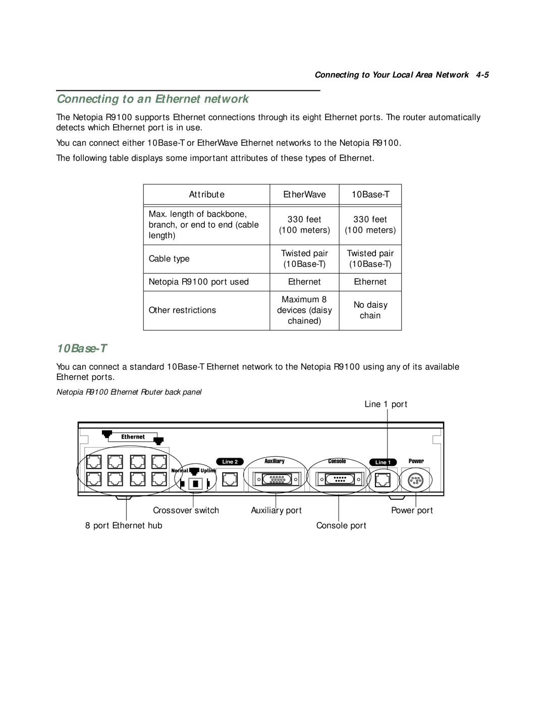 Farallon Communications R9100 manual Connecting to an Ethernet network, 10Base-T 