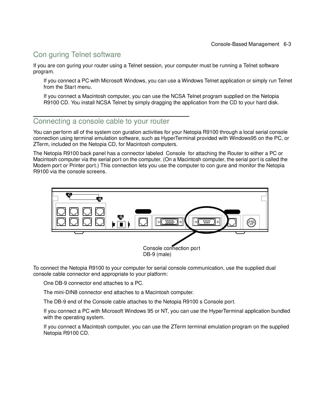 Farallon Communications R9100 manual Conﬁguring Telnet software, Connecting a console cable to your router 