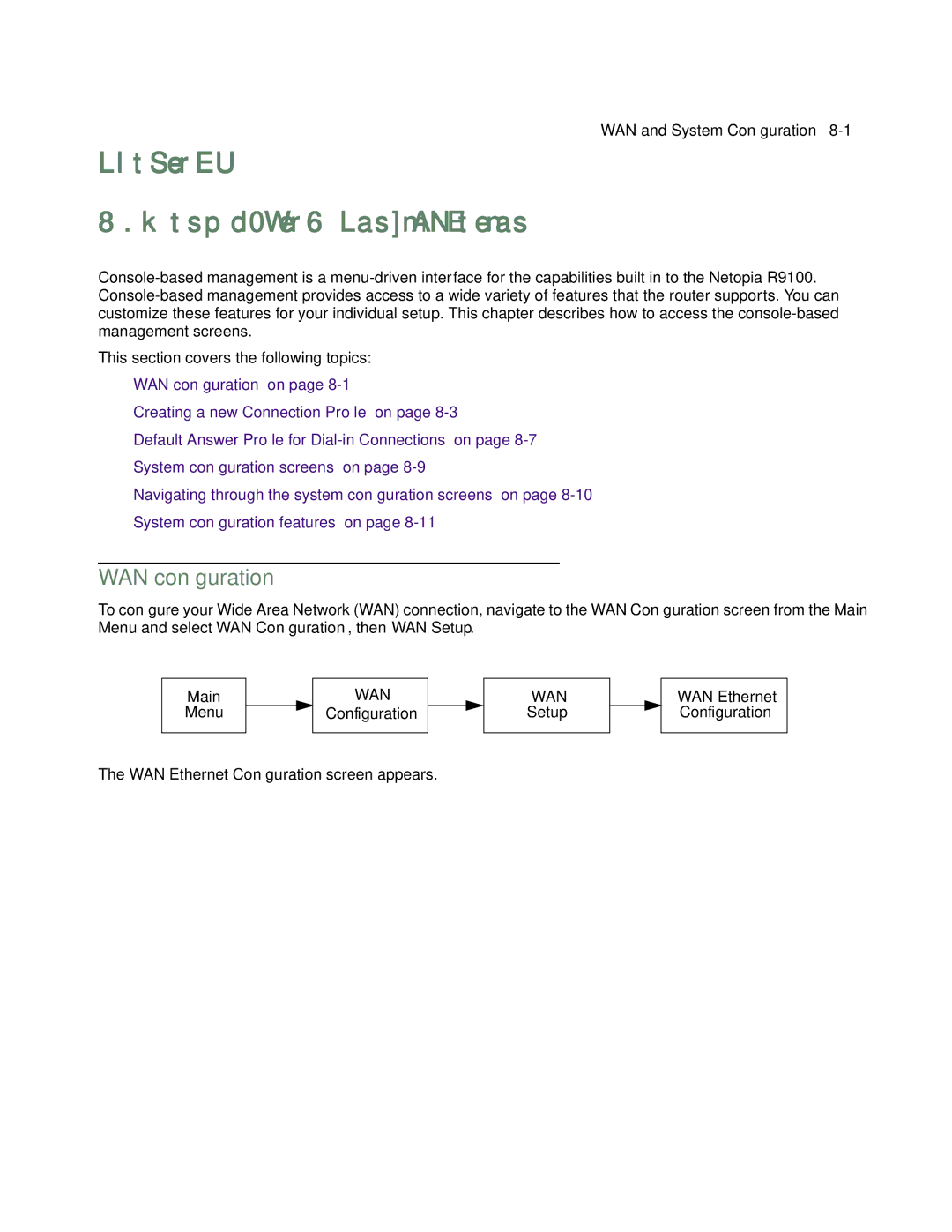 Farallon Communications R9100 manual Chapter WAN and System Configuration, WAN conﬁguration 