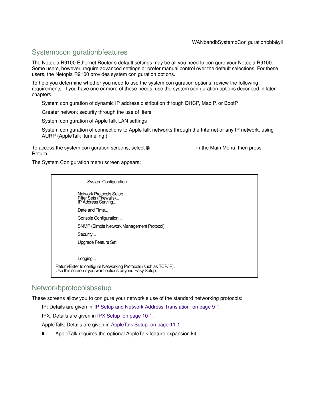 Farallon Communications R9100 manual System conﬁguration features, Network protocols setup 