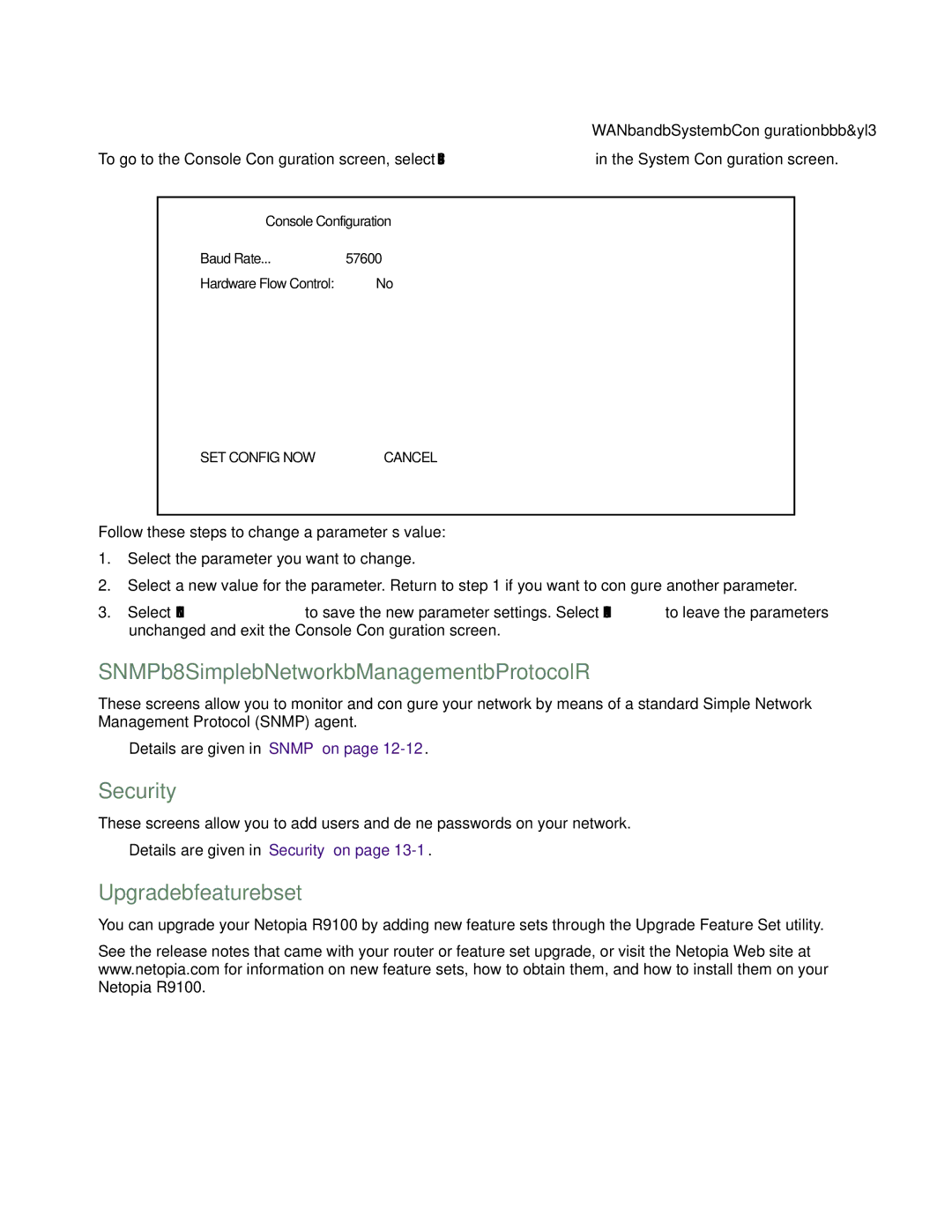 Farallon Communications R9100 manual Snmp Simple Network Management Protocol, Security, Upgrade feature set 