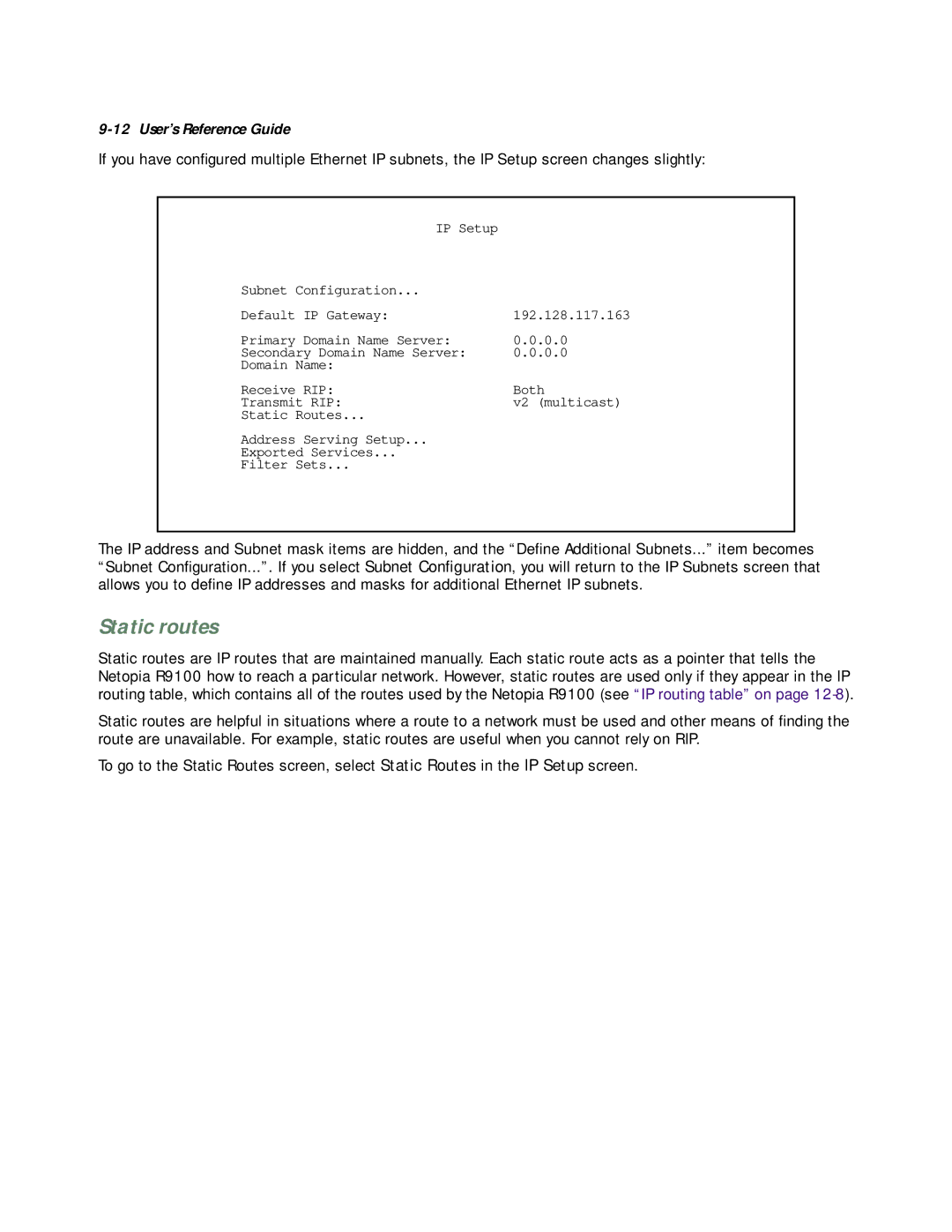 Farallon Communications R9100 manual Static routes 