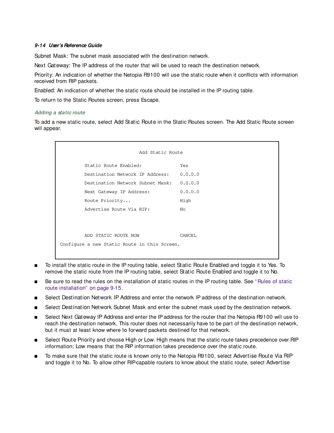 Farallon Communications R9100 manual Adding a static route 