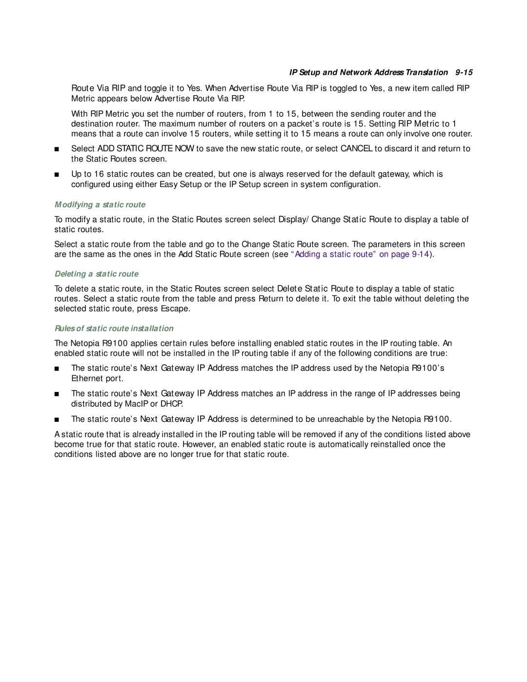 Farallon Communications R9100 manual Modifying a static route, Deleting a static route, Rules of static route installation 