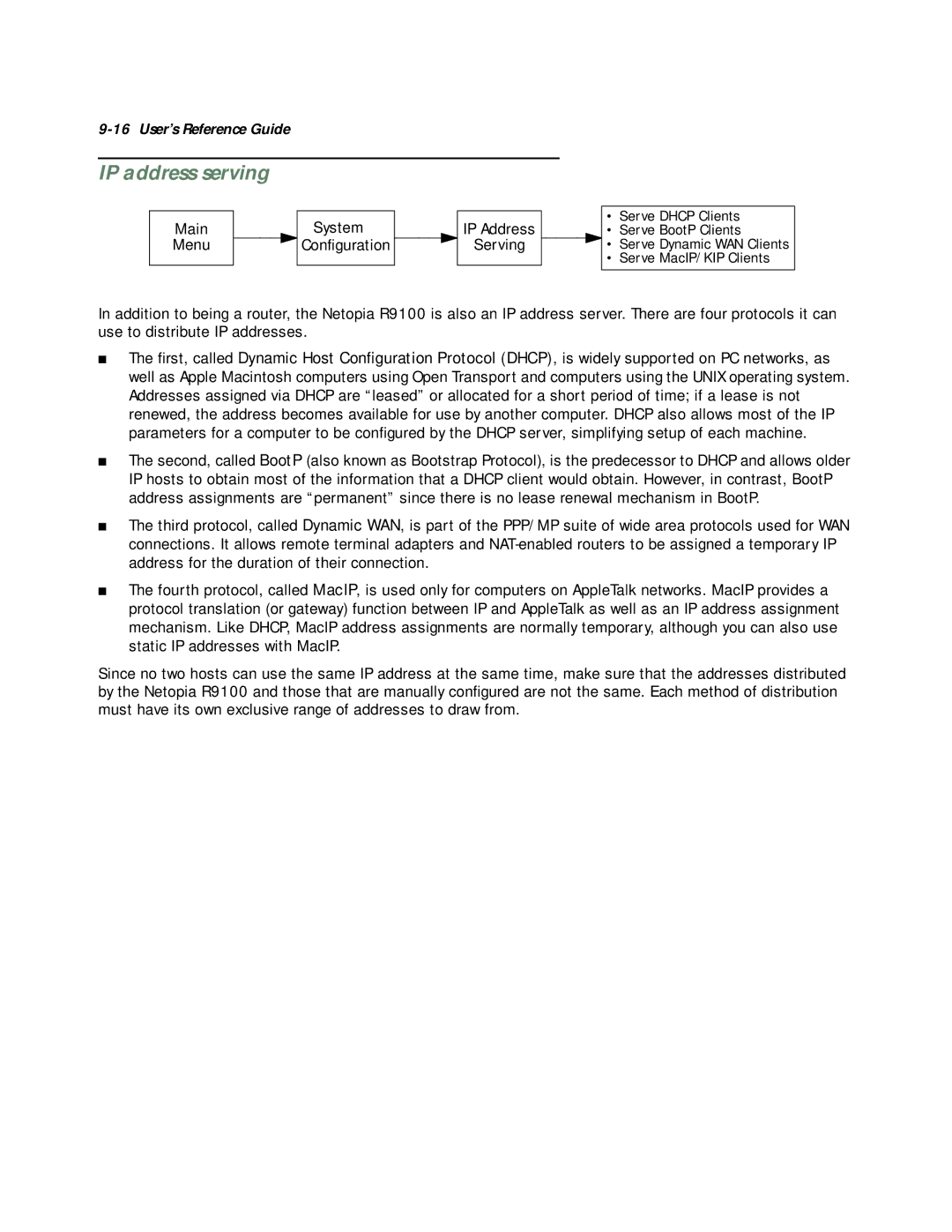 Farallon Communications R9100 manual Main System IP Address Menu Configuration Serving 