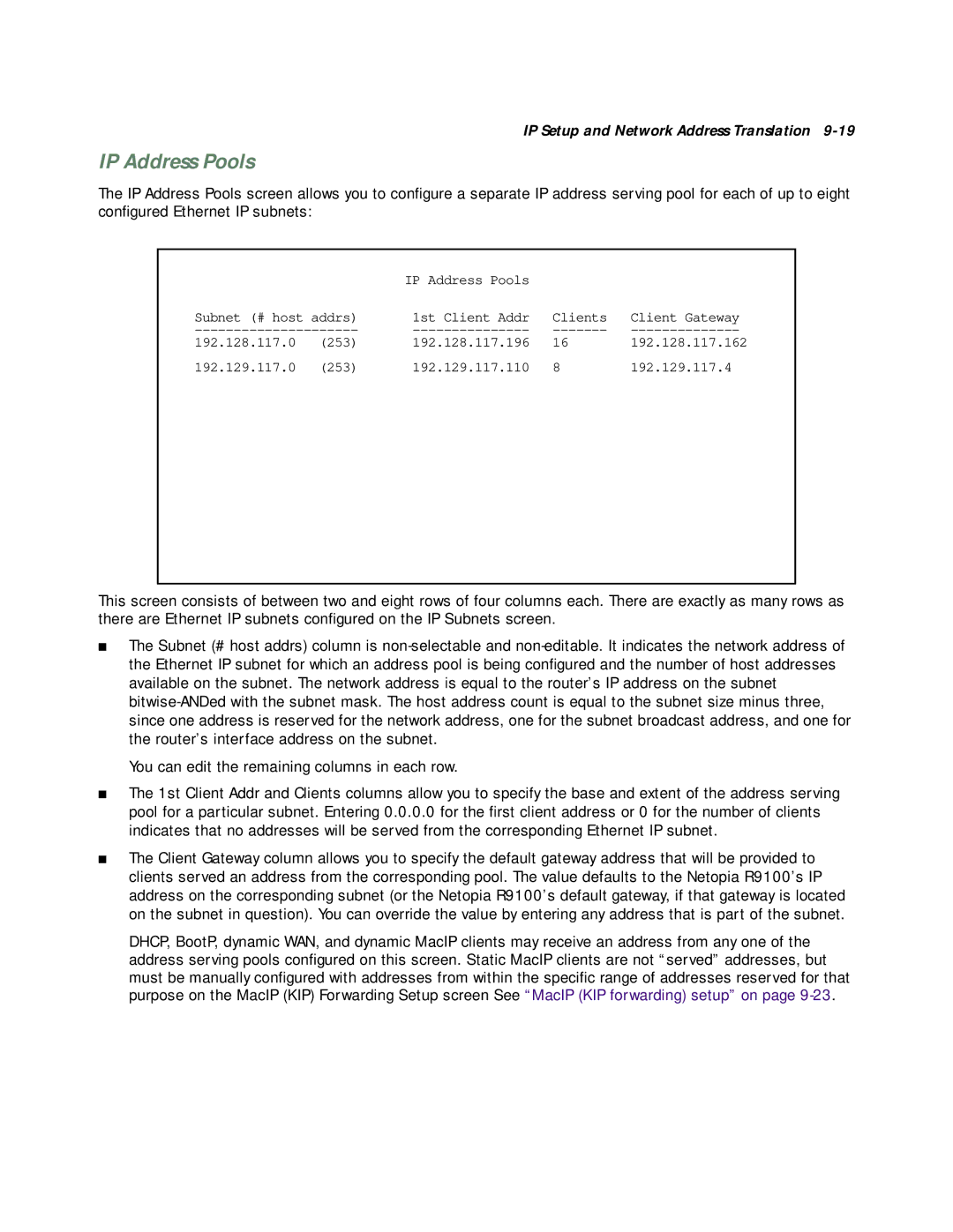 Farallon Communications R9100 manual IP Address Pools 