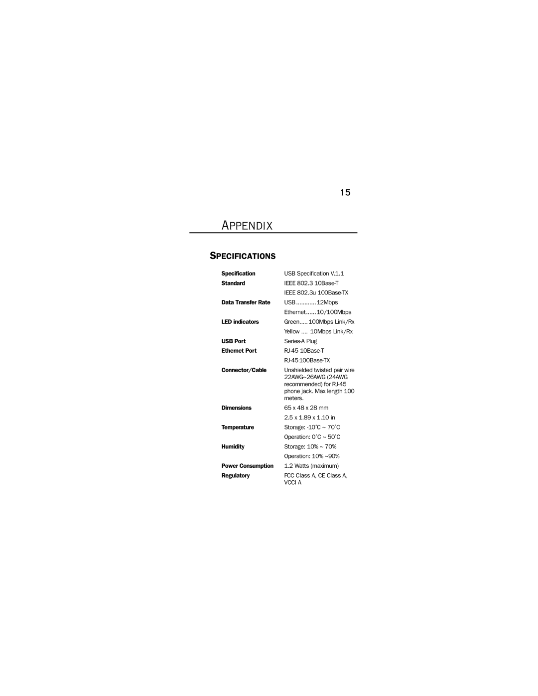 Farallon Communications USB 10/100 manual Specifications 