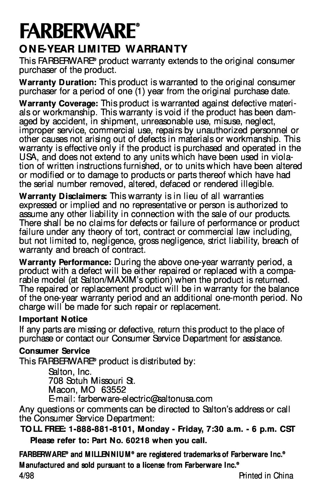 Farberware FCP412, FCP240 manual One-Yearlimited Warranty, Important Notice, Consumer Service 