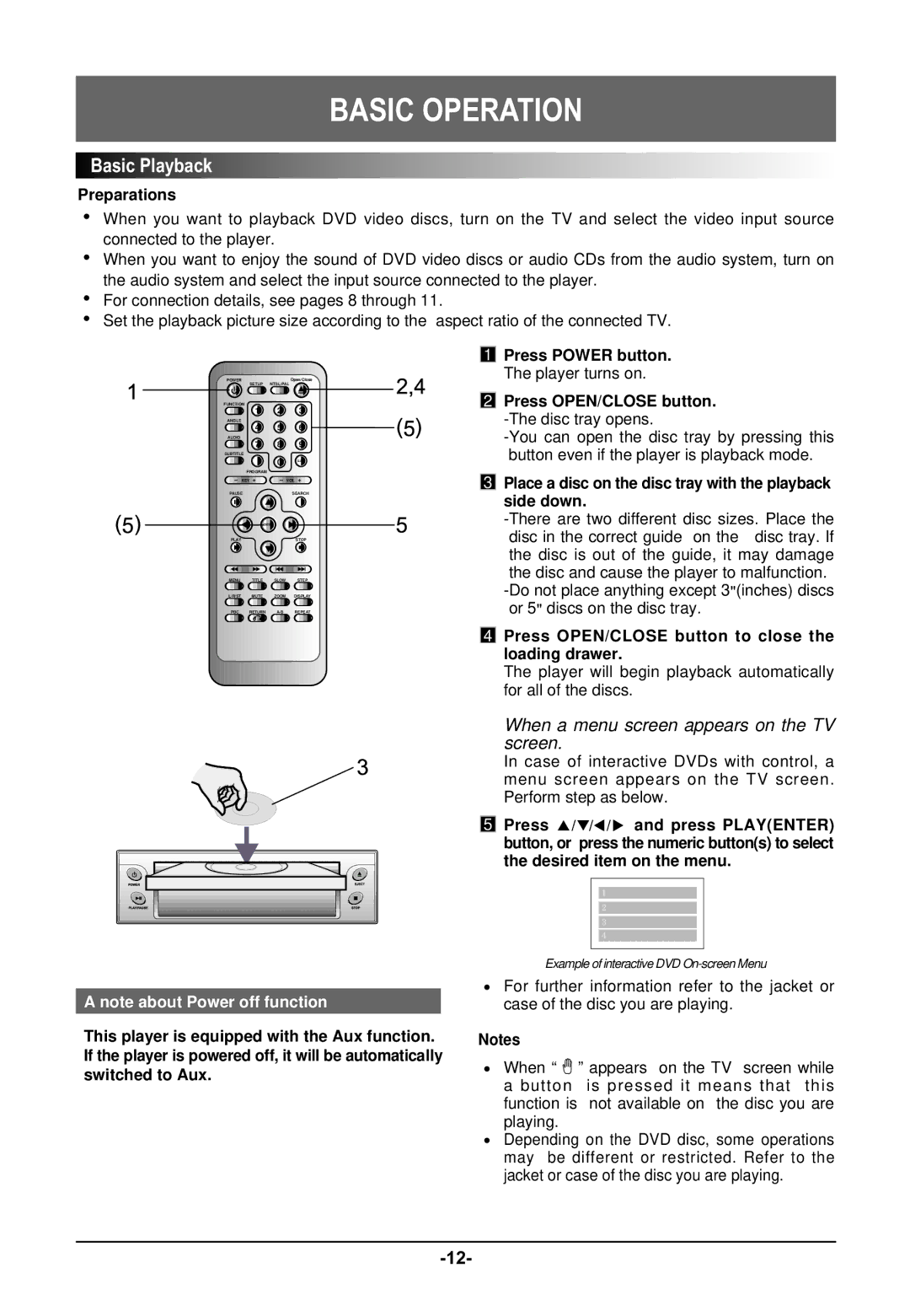 Farenheit Technologies DVD-19 owner manual Basic Operation, Basic Playback 