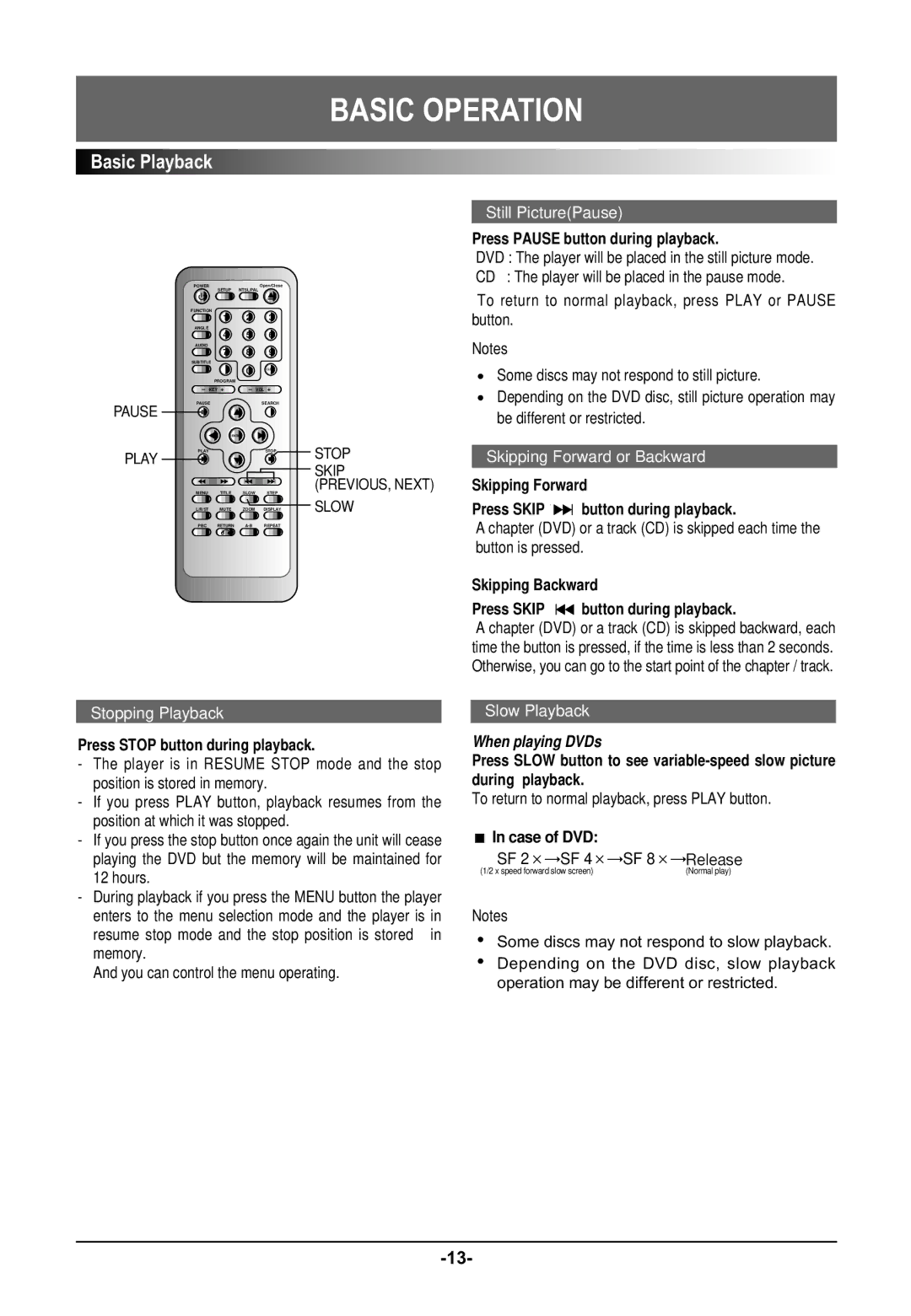 Farenheit Technologies DVD-19 Press Pause button during playback, Skipping Forward Press Skip button during playback 