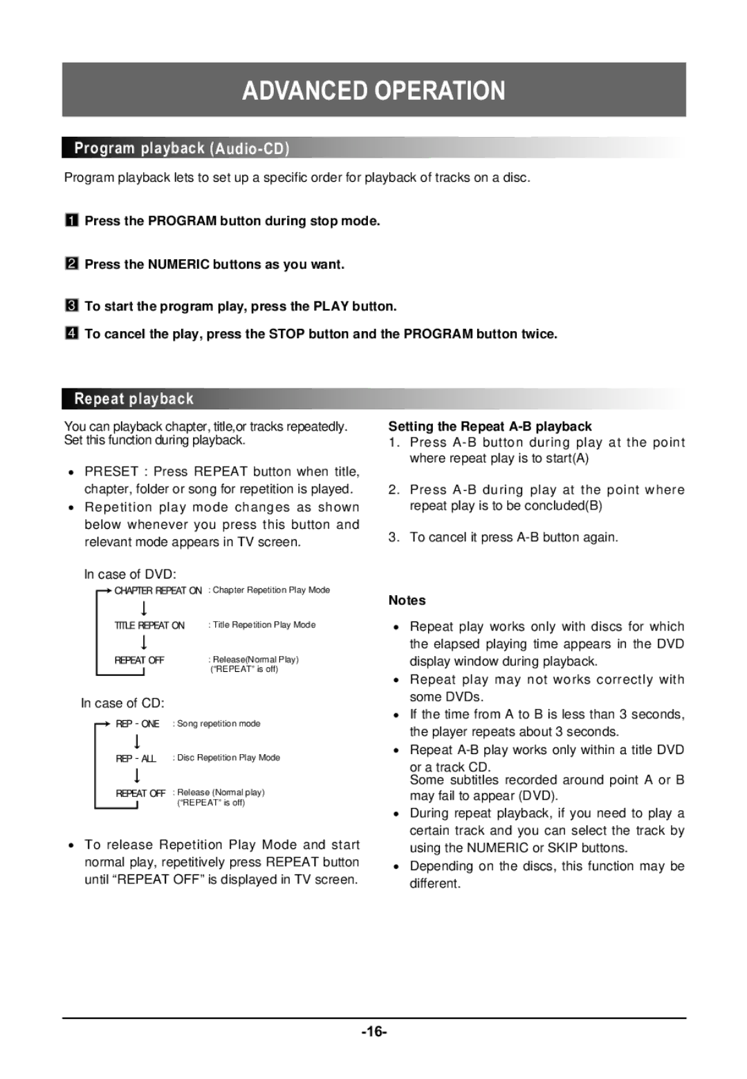 Farenheit Technologies DVD-19 owner manual Repeat playback, Setting the Repeat A-B playback 