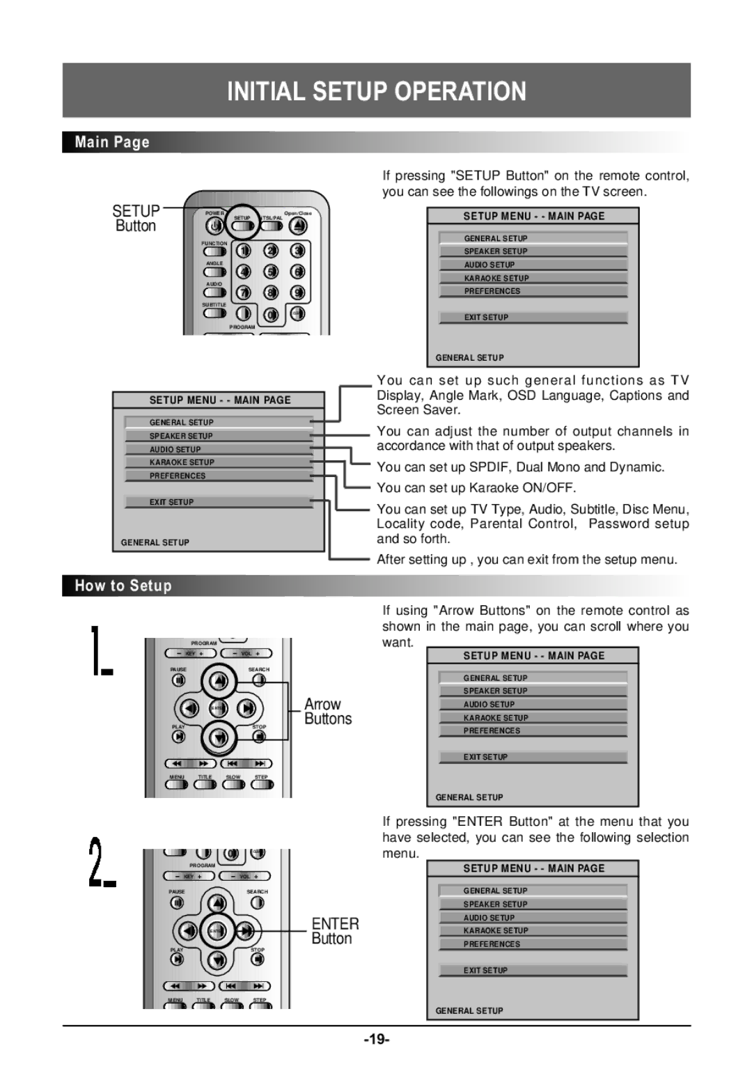 Farenheit Technologies DVD-19 owner manual Initial Setup Operation, Main, How to Setup, Buttons 