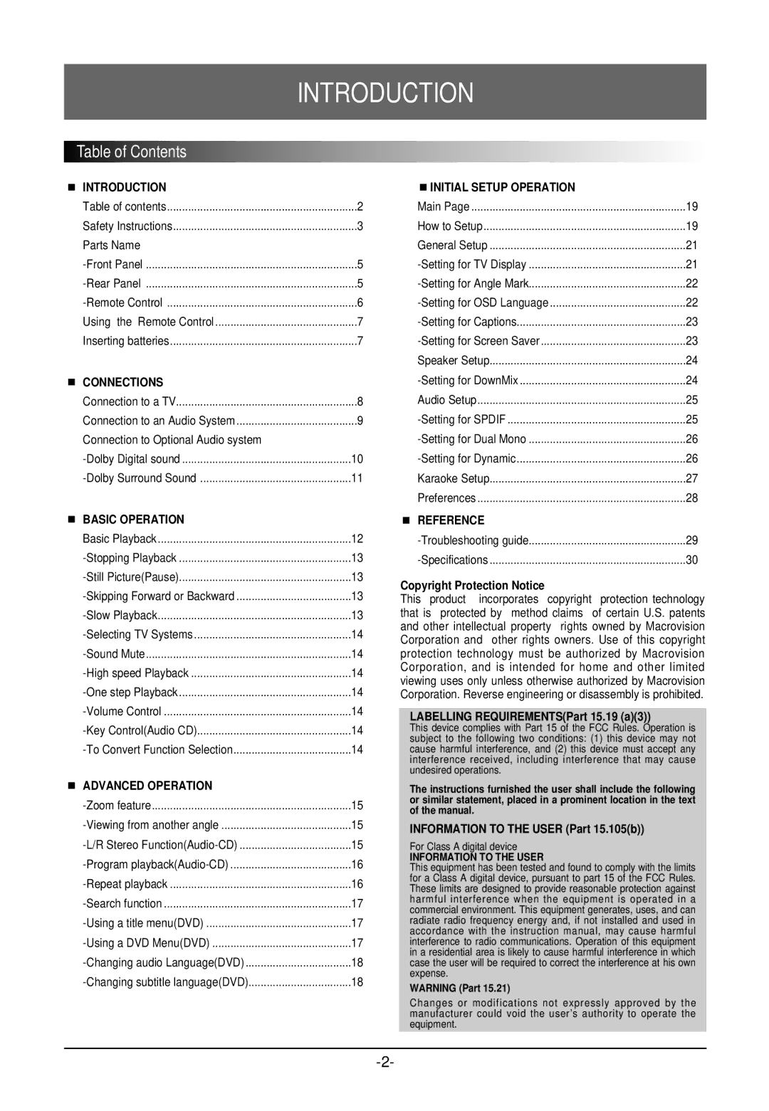 Farenheit Technologies DVD-19 owner manual Introduction, Table of Contents 