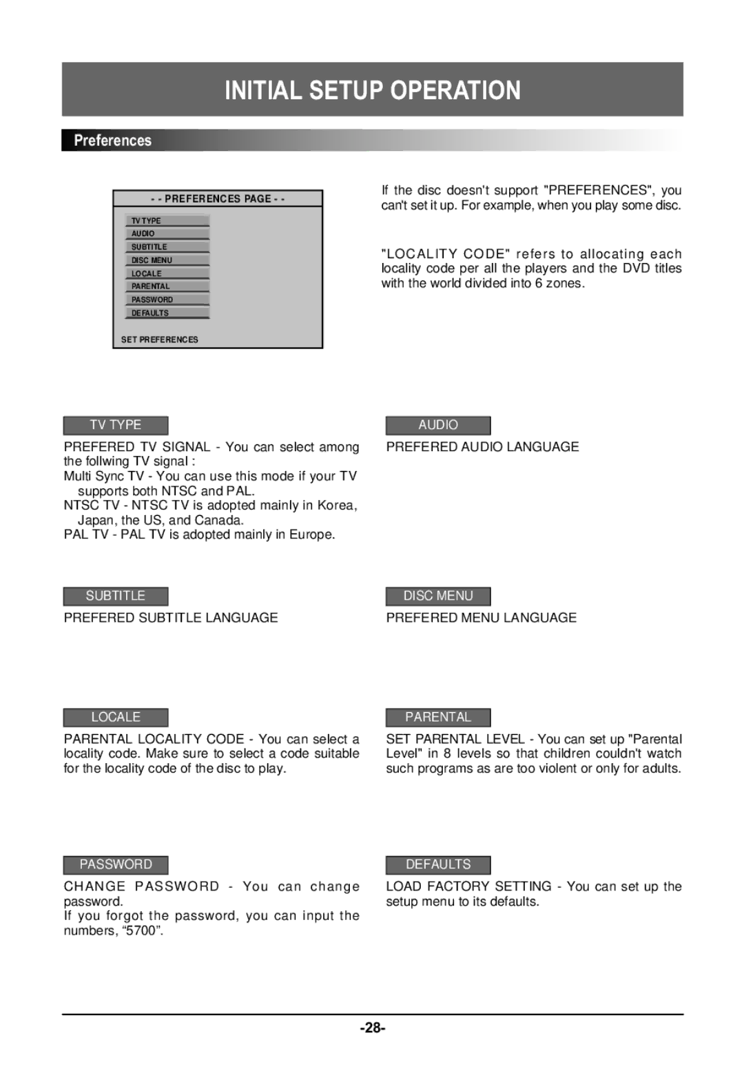 Farenheit Technologies DVD-19 owner manual Preferences 