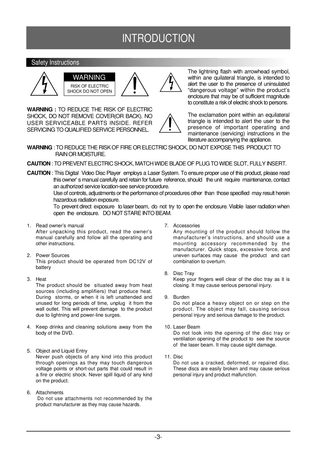 Farenheit Technologies DVD-19 owner manual Safety Instructions 