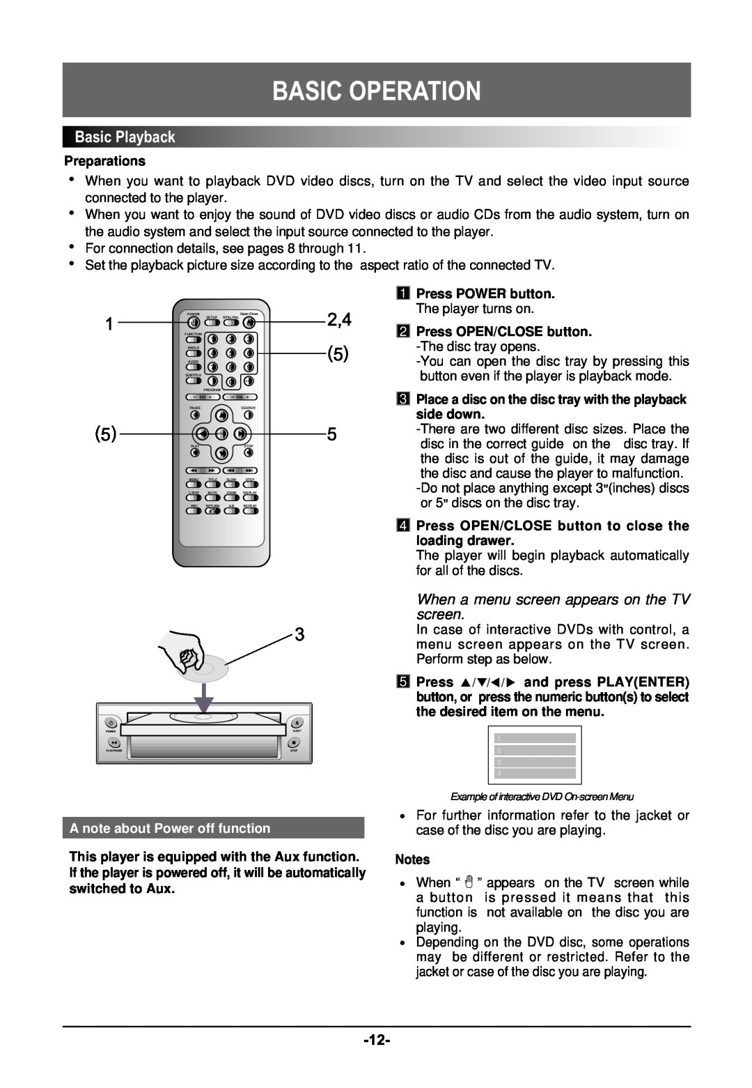 Farenheit Technologies DVD-19 owner manual Basic Operation, BasicPlayback, When a menu screen appears on the TV screen 