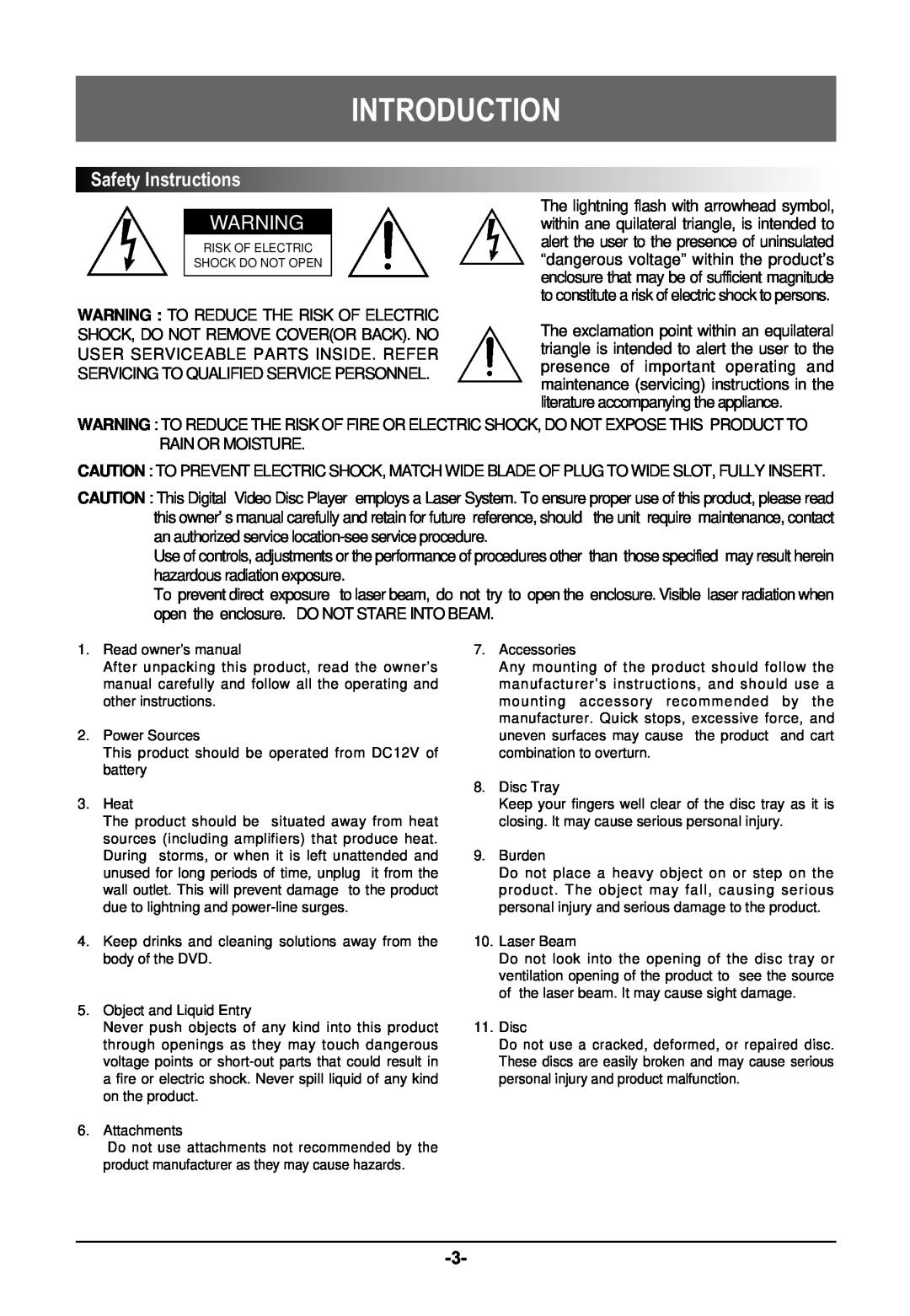Farenheit Technologies DVD-19 owner manual SafetyInstructions, Introduction 