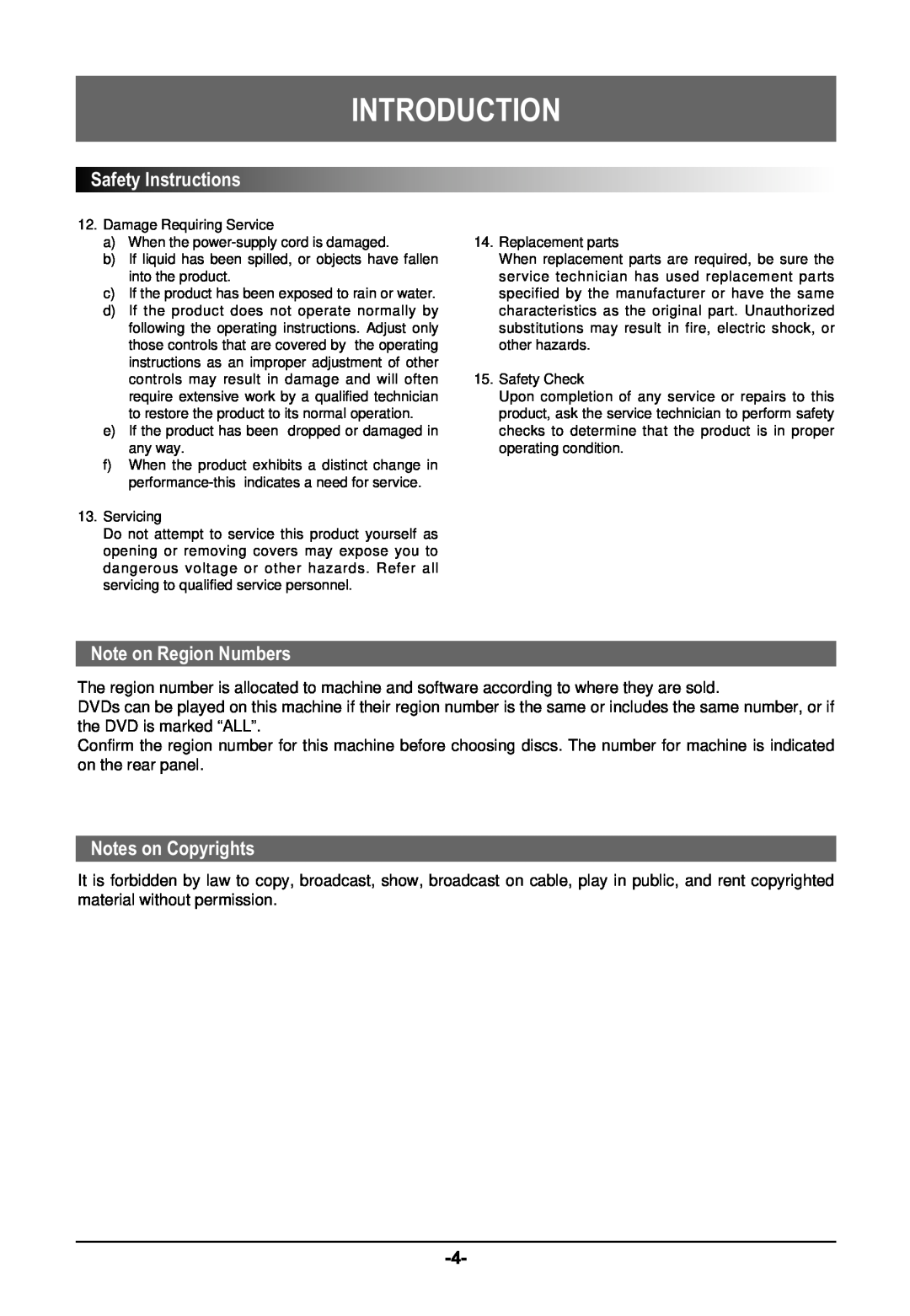 Farenheit Technologies DVD-19 owner manual SafetyInstructions, Note on Region Numbers, Notes on Copyrights, Introduction 