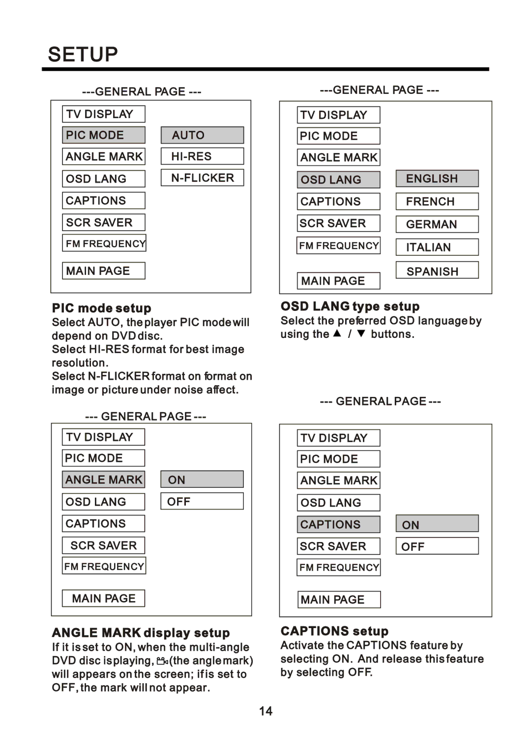 Farenheit Technologies DVD-34TV manual ×Ý ³±¼» -»¬«, ßÒÙÔÛ ÓßÎÕ ¼·-´¿§ -»¬«, ÑÍÜ ÔßÒÙ ¬§» -»¬«, ÝßÐÌ×ÑÒÍ -»¬« 