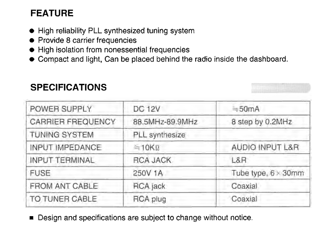 Farenheit Technologies EFM-01 owner manual Feature, Specifications 