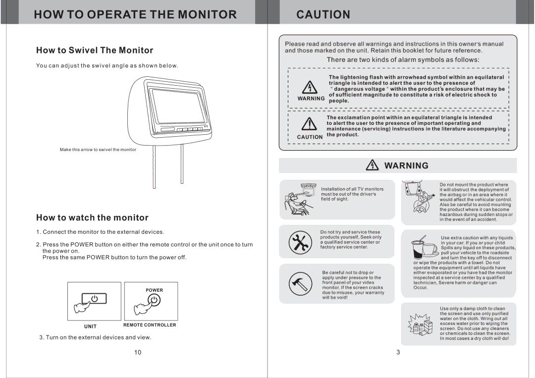 Farenheit Technologies H-88GRDK, H-88BG HOW to Operate the Monitor, How to Swivel The Monitor, How to watch the monitor 