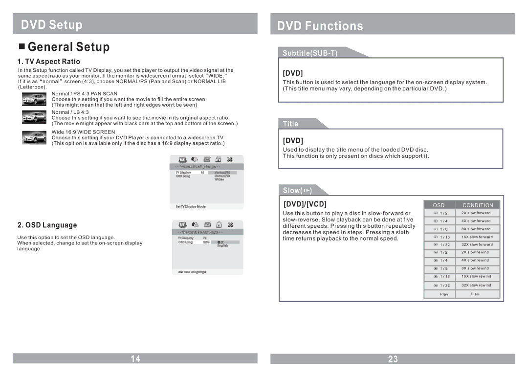 Farenheit Technologies MD-1120CM owner manual General Setup, SubtitleSUB-T, Title, Slow, Dvd/Vcd 