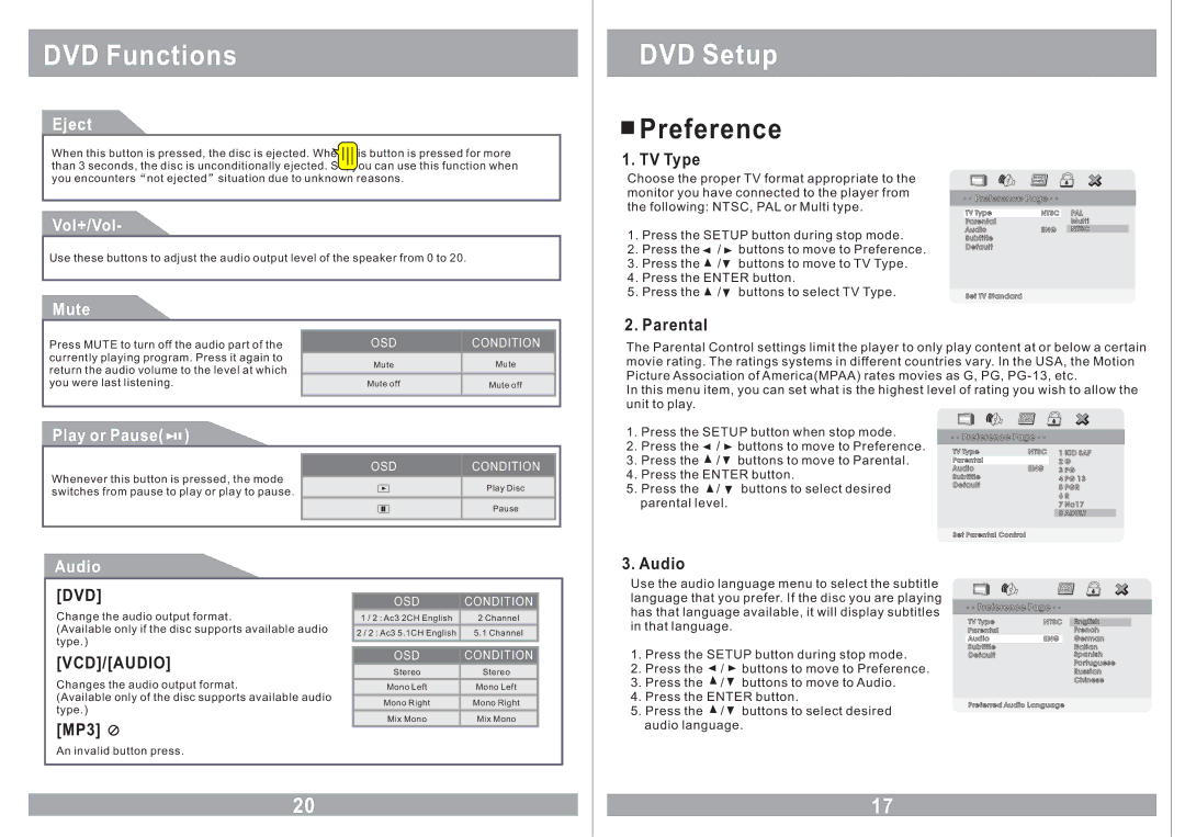 Farenheit Technologies MD-1120CM owner manual Preference, Vcd/Audio 