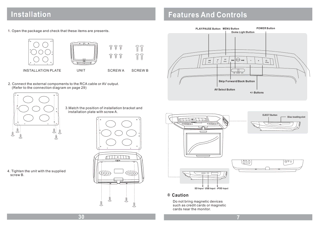 Farenheit Technologies MD-1120CM owner manual Installation Features And Controls, Installation Plate Unit Screw a Screw B 