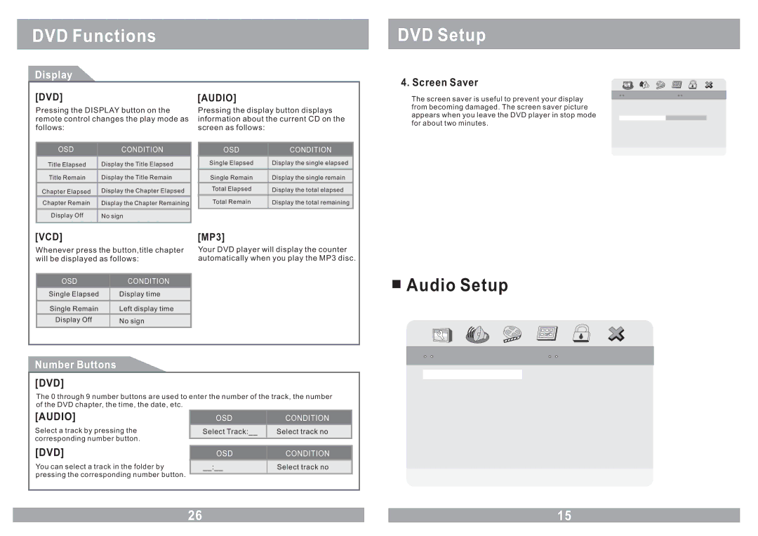 Farenheit Technologies MD-1120CMX owner manual Audio Setup, Display, Screen Saver, Number Buttons 