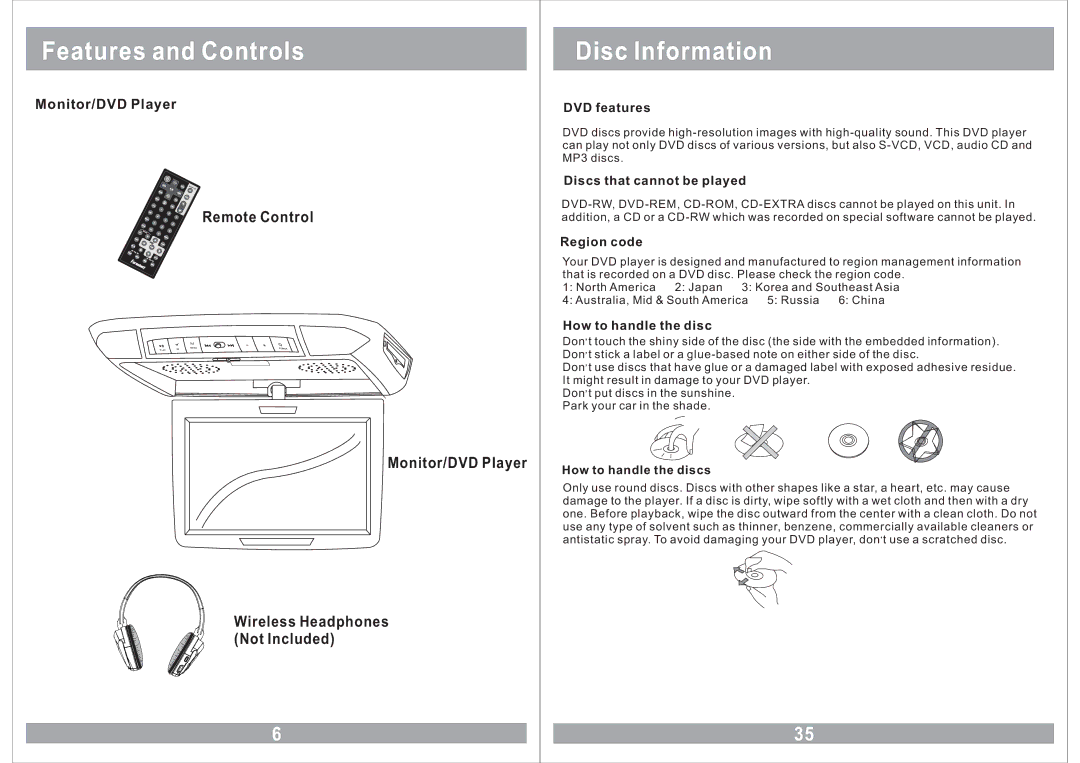 Farenheit Technologies MD-1120CMX owner manual Features and Controls, Disc Information, Monitor/DVD Player, Remote Control 