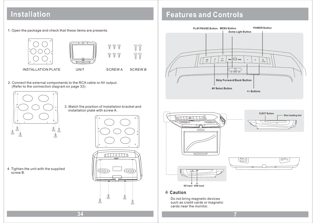 Farenheit Technologies MD-1120CMX owner manual Installation Plate Unit Screw a Screw B 