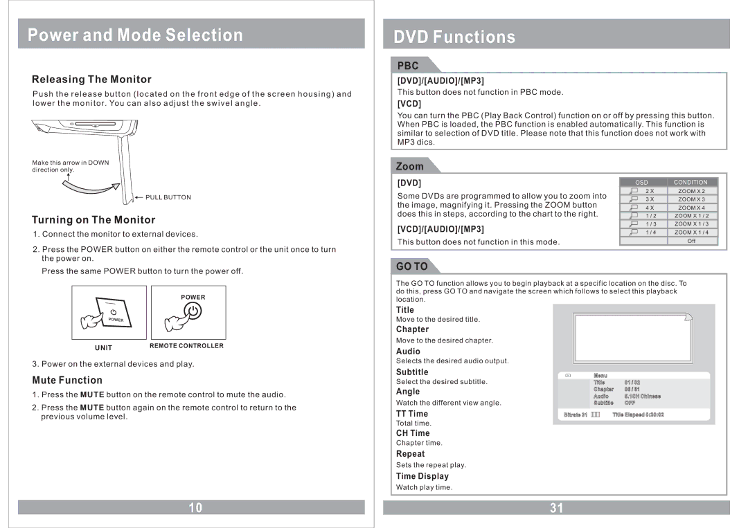 Farenheit Technologies MD-1210CMX owner manual Power and Mode Selection, DVD Functions, Pbc, GO to 