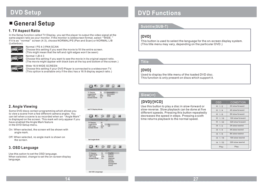 Farenheit Technologies MD-1210CMX owner manual General Setup, SubtitleSUB-T, Title, Slow, Dvd/Vcd 