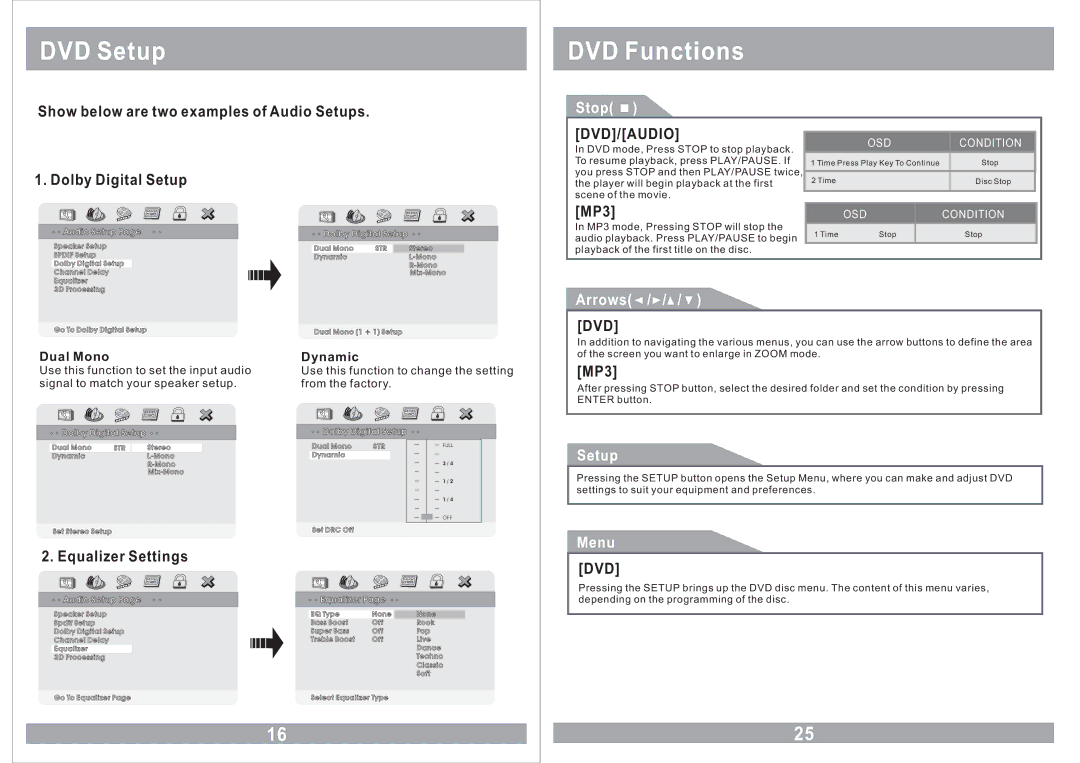 Farenheit Technologies MD-1210CMX owner manual Stop, Dvd/Audio, Arrows, Setup, Menu 