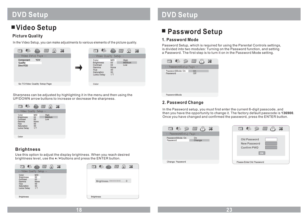 Farenheit Technologies MD-1210CMX owner manual Video Setup, Password Setup, Brightness 