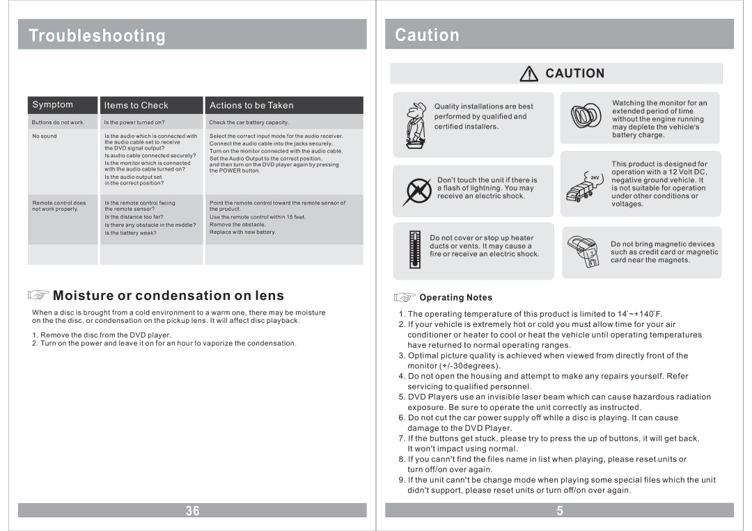 Farenheit Technologies MD-1210CMX owner manual Troubleshooting, Operating Notes 