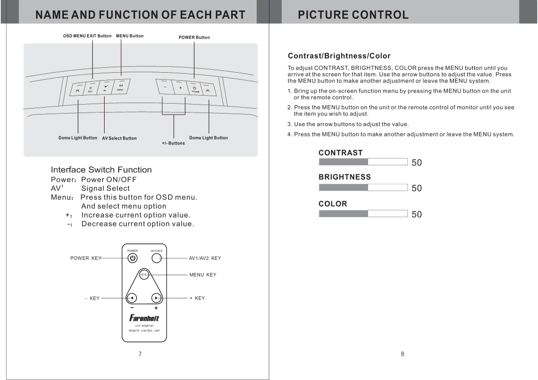 Farenheit Technologies T-1200CM owner manual Picture Control, Interface Switch Function 