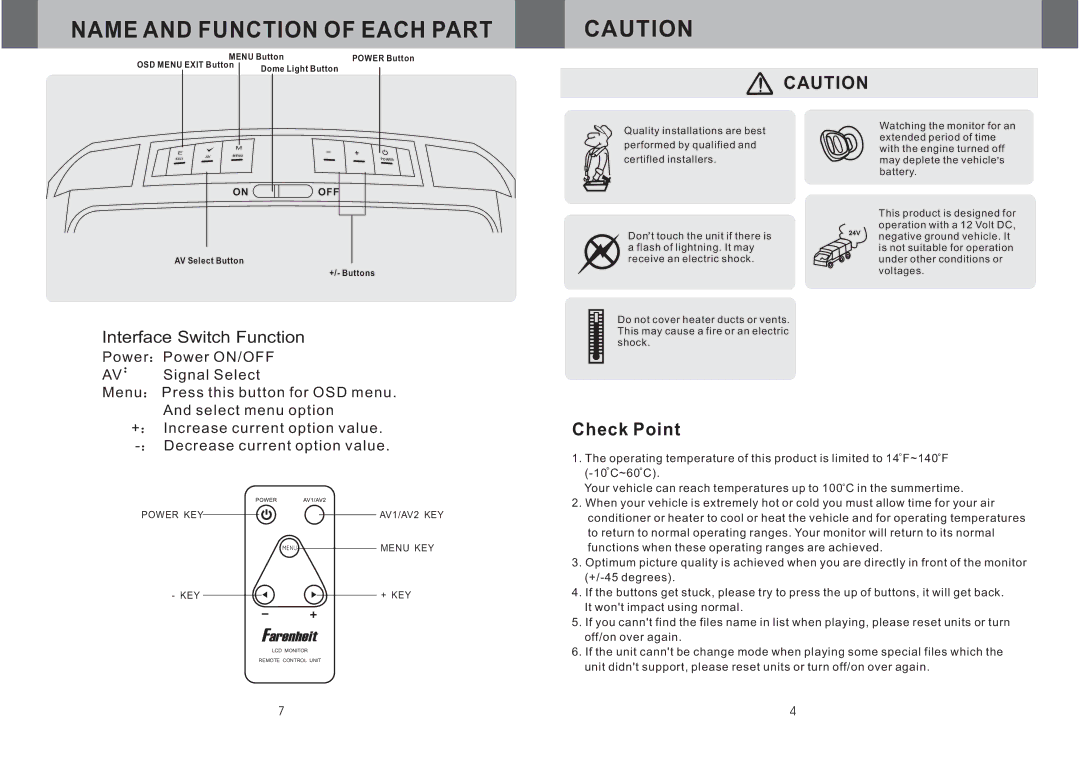 Farenheit Technologies T-910CM owner manual Name and Function of Each Part, Interface Switch Function 