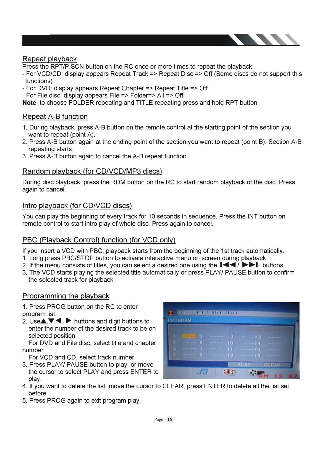 Farenheit Technologies TID-320T Repeat playback, Random playback for CD/VCD/MP3 discs, Intro playback for CD/VCD discs 